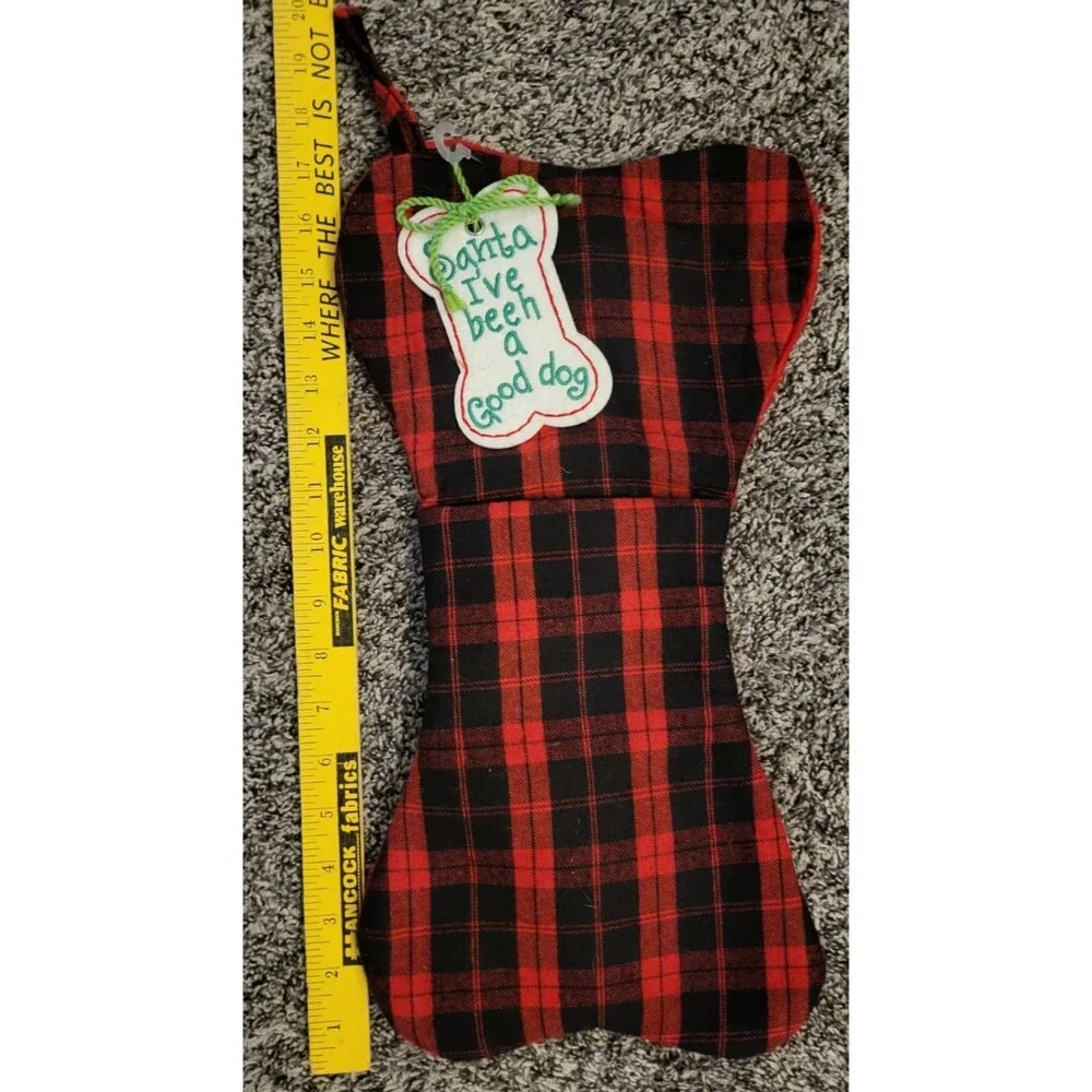EUC Dog Puppy Christmas Stocking New Bone Present Santa Pet Plaid Flannel